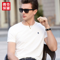 传奇保罗短袖T恤男 夏季白色商务薄款条纹休闲圆领t恤619139
