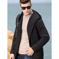 传奇保罗黑色连帽针织开衫男 秋季时尚休闲中长款男士外套Z18Q303