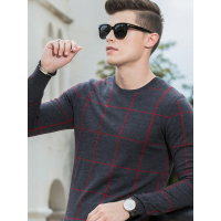 传奇保罗秋季薄款羊毛衫 圆领套头格子针织打底衫秋冬款Z18Q610