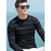 传奇保罗薄款羊毛衫男 秋季圆领套头毛衣条纹男士打底衫Z18Q615