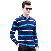 北极绒男士春秋款纯棉长袖T恤男士翻领条纹中青年休闲装上衣