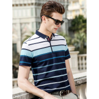 北极绒男士夏款渐变条纹翻领绿色休闲t恤