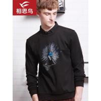 红豆相思鸟（xiangsiniao）男士春秋季前胸鸟印花薄绒套头卫衣男SW053