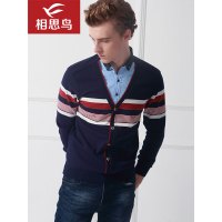 红豆相思鸟（xiangsiniao）男士春秋季衬衫领条纹拼色套头假两件针织衫男SC631