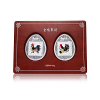 锦元《金鸡聚财》蛋形银章及小版邮票60g