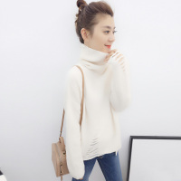 BOBOWALTZ春夏装女2019欧美韩版显瘦破洞甜美高领白色针织毛衣B172f1920p1410