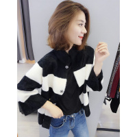 BOBOWALTZ春夏装女2019新款欧美韩版七分袖毛绒条纹短款外套B172f1821p3001