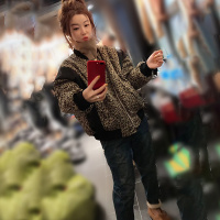 赛美意棒球服领豹纹拼接拉链外套女 欧洲站2019秋冬季新品欧美潮流街头宽松外套女S172h3708p3005