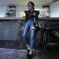 赛美意织带破洞毛边牛仔裤女 欧洲站2019秋冬季新品欧美弹力修身休闲小脚牛仔裤女S172h2837p2170