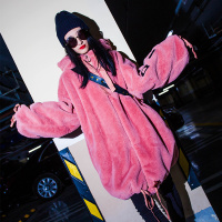 赛美意欧洲站新款春夏季女欧货宽松大码粉色连帽中长款毛绒外套厚S172h5771p3041