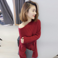 BOBOWALTZ欧洲站春夏装女2019新款 欧货酒红色中长款系带一字肩百搭毛衣女B172f2730p1440