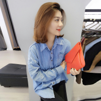 BOBOWALTZ欧洲站女装2019春夏装新款欧货韩版蓝色翻领纽扣长袖百搭衬衫上衣B172f3022p1170