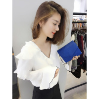 BOBOWALTZ欧洲站春夏装女2019新款欧货韩版修身V领喇叭袖雪纺衬衫上衣B181k00213p1010
