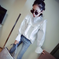 赛美意欧洲站春夏季女2019新款时尚花边纯色套头打底百搭白长袖衬衫S181m00528p1010