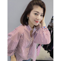 梵莉思欧洲站夏女2019新款欧货中长款宽松bf风V领条纹休闲百搭衬衫F171e1292p1102