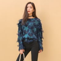 梵莉思欧洲站夏女2019新款 欧货羽毛流苏宽松韩版遮肚子上衣长袖T恤F172g1808p1070