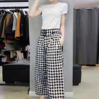 BOBOWALTZ欧洲站夏装女2019新款欧货韩版宽松显瘦阔腿裤格子休闲七分裤子B182k00912p2001