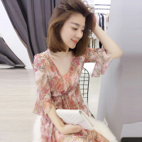 BOBOWALTZ欧洲站夏装女2019新款欧货 韩版V领碎花收腰连衣裙长裙B182k00924p0100