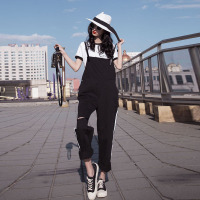 赛美意欧洲站春夏季2019新款裤子欧货韩版宽松百搭黑色背带裤女九分裤XB171c4752p2330