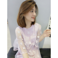 BOBOWALTZ夏装2019欧洲站新款女装欧货粉红色收腰显瘦圆领蕾丝裙气质连衣裙B182k01414p0142