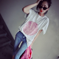 赛美意欧洲站2019春新款韩版亮片字母修身短袖T恤女百搭学生打底上衣S181m01880p1510