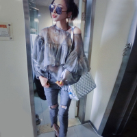 赛美意欧洲站蕾丝衫女夏2019新款娃娃衫上衣荷叶边宽松大码网纱雪纺衫仙S181m02475p1020