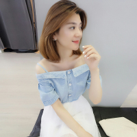 BOBOWALTZ欧洲站2019夏装新款韩范欧货露肩一字领收腰短袖蕾丝连衣裙女B182k02020p0171