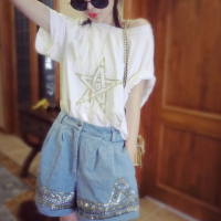 赛美意欧洲站春夏季女2019新款 欧货欧美风宽松白色短袖T恤亮片打底上衣S182m02735p1510