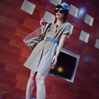 赛美意欧洲站春夏季女2019新款欧货系带中款修身V领短卷袖连衣裙S182m03552p0153