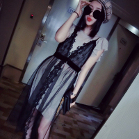 赛美意欧洲站女2019新款欧货欧美风性感吊带V领蕾丝中长款连衣裙S182m03161p0130