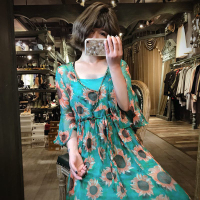 赛美意欧洲站花色连衣裙夏度假2019新款长裙V领喇叭袖雪纺连衣裙孔雀裙S182m03024p0100