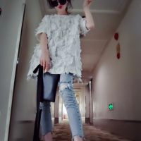 赛美意欧洲站短袖T恤女夏2019新款纯白T恤立体花瓣直筒中长款T恤裙S182m03009p1510