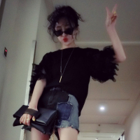 赛美意欧洲站春夏季女2019新款欧货宽松短袖黑色雪纺衬衫蕾丝打底衫上衣S182m02900p1530