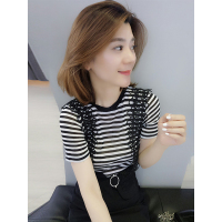 BOBOWALTZ2019新款夏装欧洲站女装欧货条纹短袖T恤黑色吊带半身裙两件套装B182k02070p4030