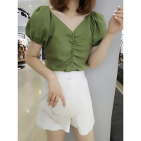 梵莉思欧洲站夏女2019新款性感漏锁骨上衣春灯笼袖欧货复古短袖衬衫F182n01354p1060