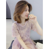 梵莉思欧洲站夏装女2019新款欧货修身气质复古温柔裙粉红色蕾丝连衣裙F182n01260p0142