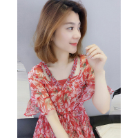 BOBOWALTZ欧洲站2019夏装新款女装欧货潮韩范红色超仙碎花收腰雪纺连衣裙子B182k03135p0140