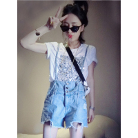 赛美意欧洲站2019夏季新款欧货毛边水钻链条背带牛仔裤休闲短裤S182m03354p2370