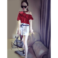 赛美意欧洲站红色t露肩t恤女斜肩上衣夏2019新款荷叶边短袖T恤宽松韩版S182m03396p1540