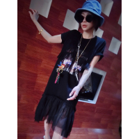 赛美意欧洲站春夏季女2019新款欧货宽松显瘦短袖黑色拼接网纱连衣裙S182m03438p0130