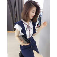 BOBOWALTZ欧洲站夏装女2019新款欧货潮气质通勤假两件收腰荷叶边条纹连衣裙B182k04333p0130