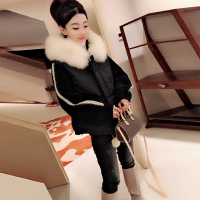 SAIMEIYI欧洲站女装2019新款欧货拼接短款外套宽松大毛领黑色羽绒服S184m09868p3530