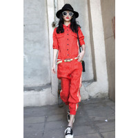 赛美意(SAIMEIYI)欧洲站2019新款女装春夏季欧货宽松束脚红色工装连体裤套装XB171c4740p