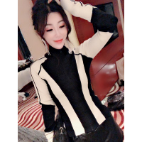 赛美意(SAIMEIYI)欧洲站春夏季2019新款欧货撞色条纹修身显瘦高领打底针织开衫女S184m10744p