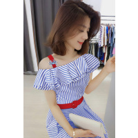 bobowalzt时髦优雅宽松腰连衣裙女 欧洲站女装2019春季新款浅蓝A字裙露肩清新连衣裙B191y01724p