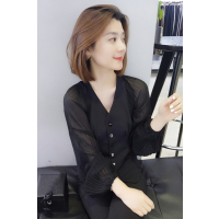 bobowalzt气质优雅时尚名媛百搭衬衫女 欧洲站女装2019春季新款v领时尚衬衫网纱B191y02099p