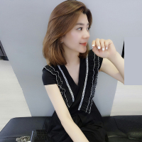 梵莉思黑色V领连衣裙2019新款夏韩版流行裙子欧洲站女装欧货收腰F182n00875p