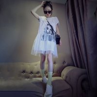 赛美意(SAIMEIYI)欧洲站2019新款夏装欧货时尚白色裙子拼接网纱印花连衣裙女中长款S182m04963p