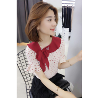 梵莉思(FANLISI)欧洲站女装2019新款夏欧货潮减龄遮肚子雪纺衫女洋气短袖波点上衣F192t03229p