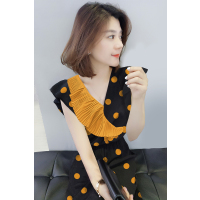 梵莉思木耳边连衣裙2019新款夏欧洲站女装韩版气质中长裙波点裙子 F192t03517p